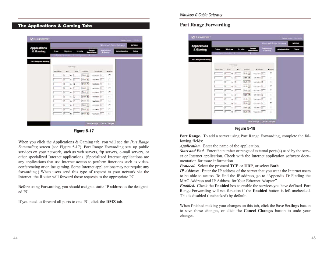 Linksys WCG200 manual Port Range Forwarding, Applications & Gaming Tabs 