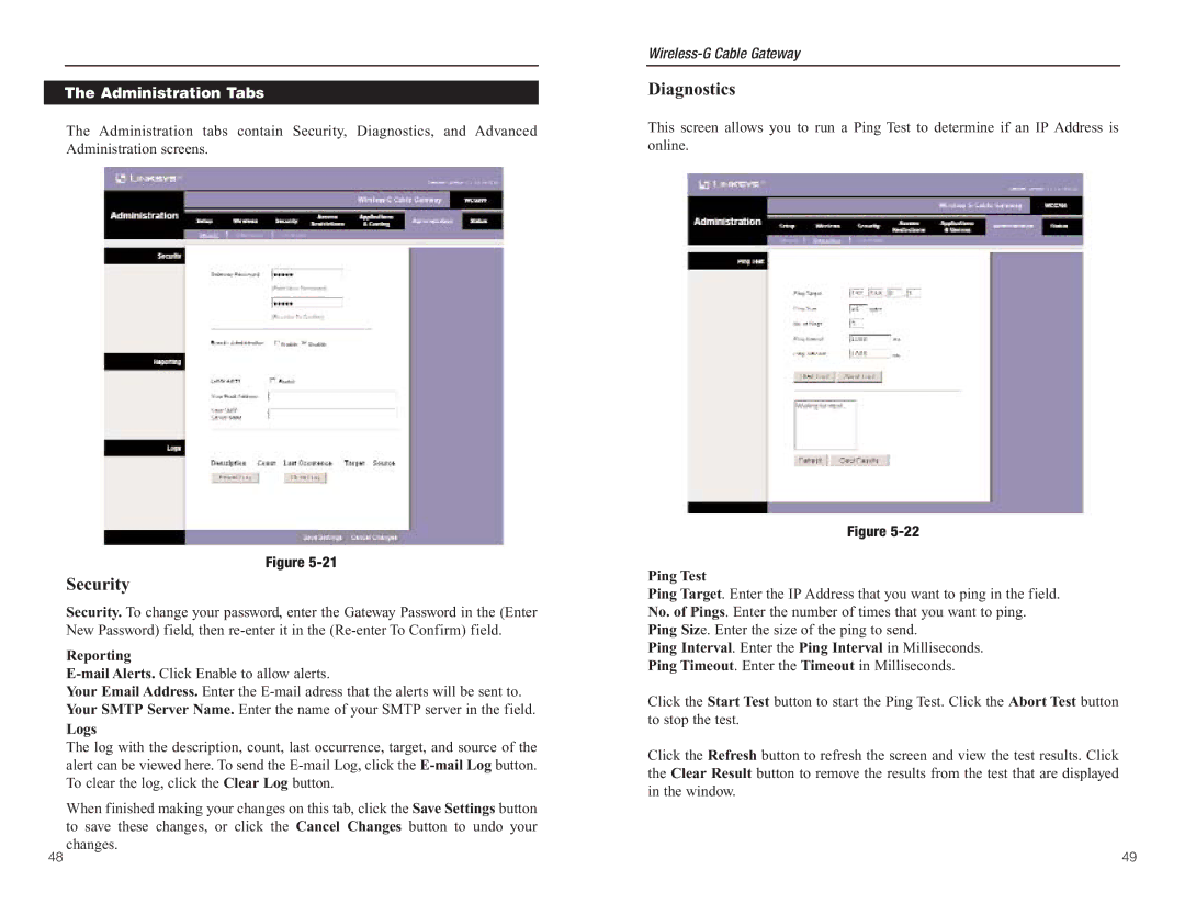 Linksys WCG200 manual Security, Diagnostics, Administration Tabs 