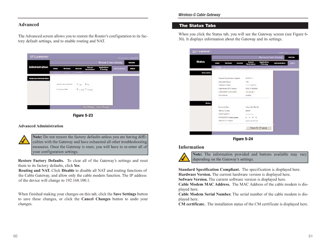 Linksys WCG200 manual Information, Advanced Administration, Status Tabs 