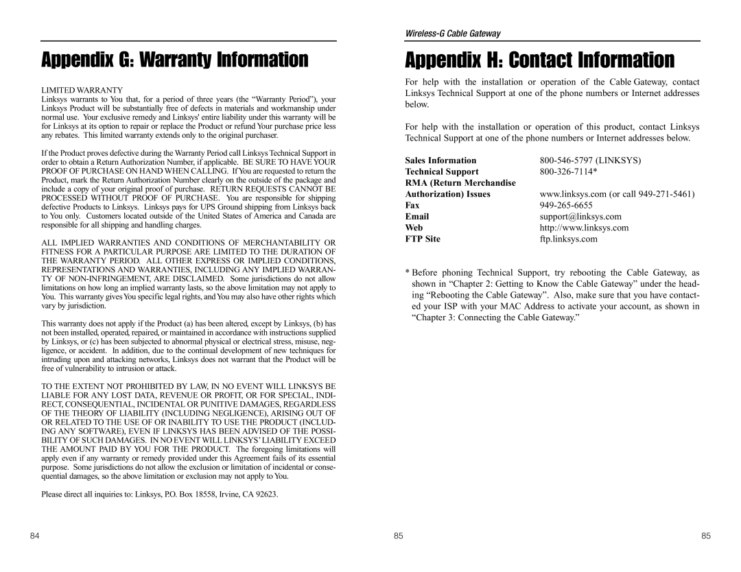 Linksys WCG200 manual Appendix H Contact Information 