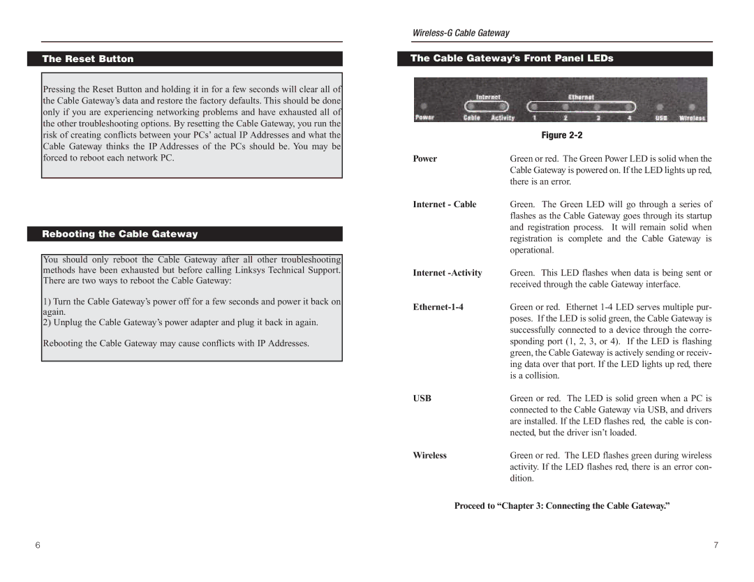 Linksys WCG200 manual Reset Button, Rebooting the Cable Gateway, Cable Gateway’s Front Panel LEDs 