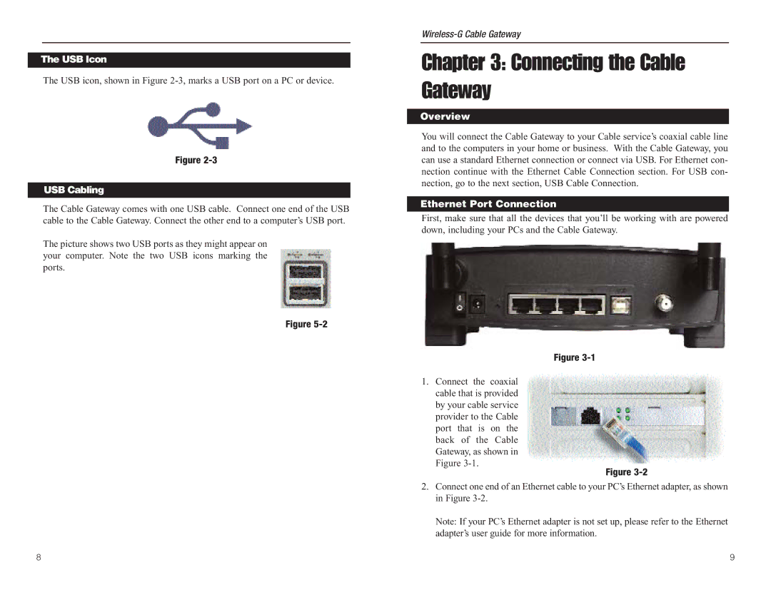 Linksys WCG200 manual Connecting the Cable Gateway, USB Icon, USB Cabling, Overview, Ethernet Port Connection 