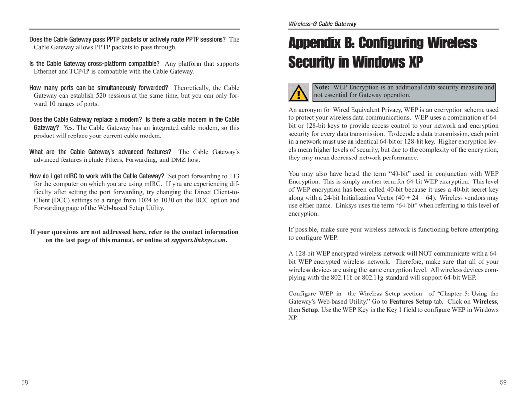 Linksys WCG200 manual Appendix B Configuring Wireless Security in Windows XP, Wireless-G Cable Gateway 