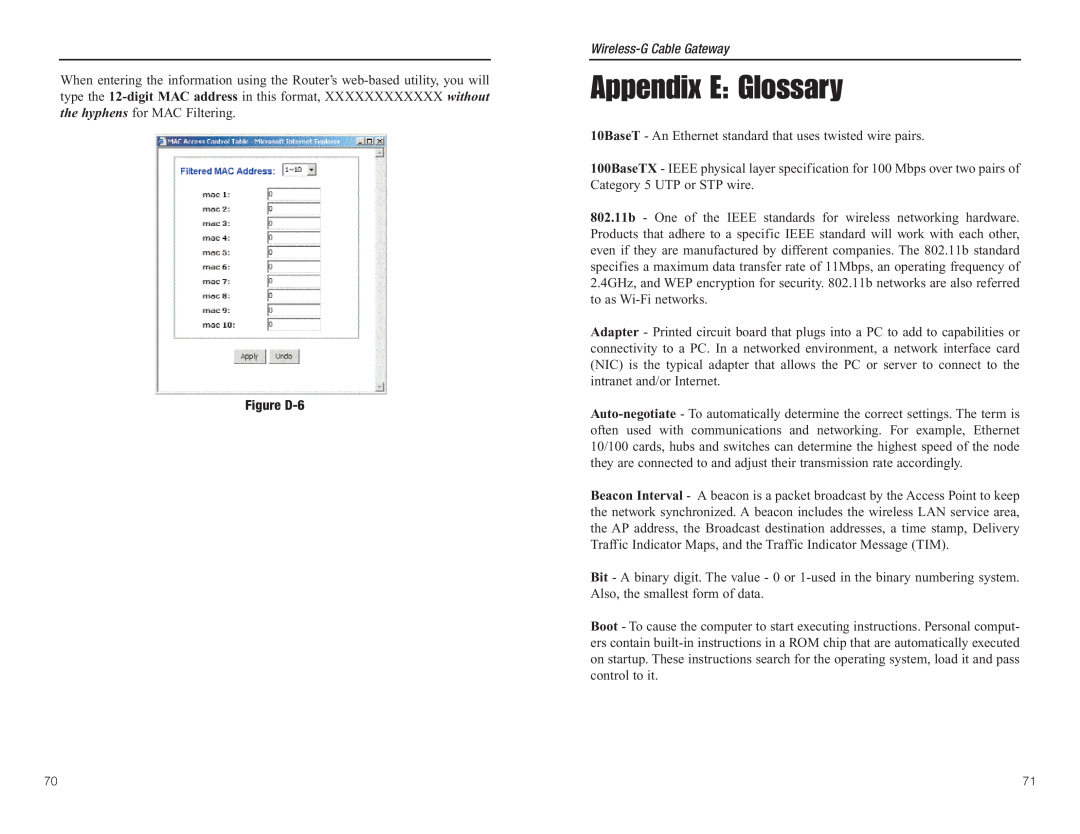 Linksys WCG200 manual Appendix E Glossary, Figure D-6, Wireless-G Cable Gateway 