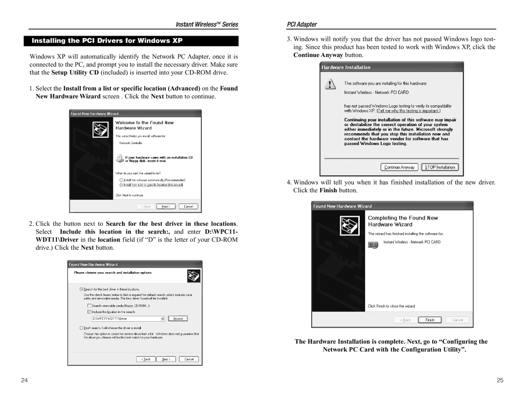 Linksys WDT11 manual Installing the PCI Drivers for Windows XP 