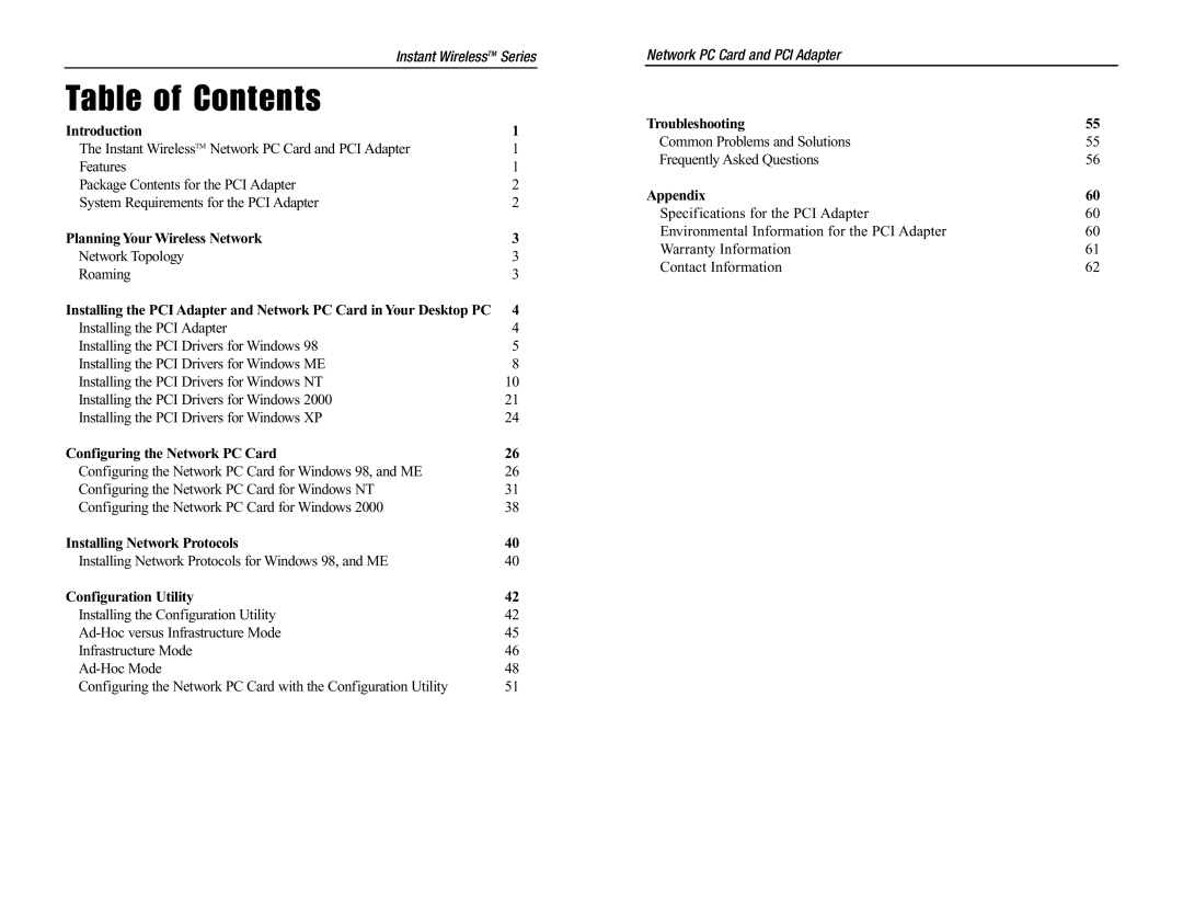 Linksys WDT11 manual Table of Contents 