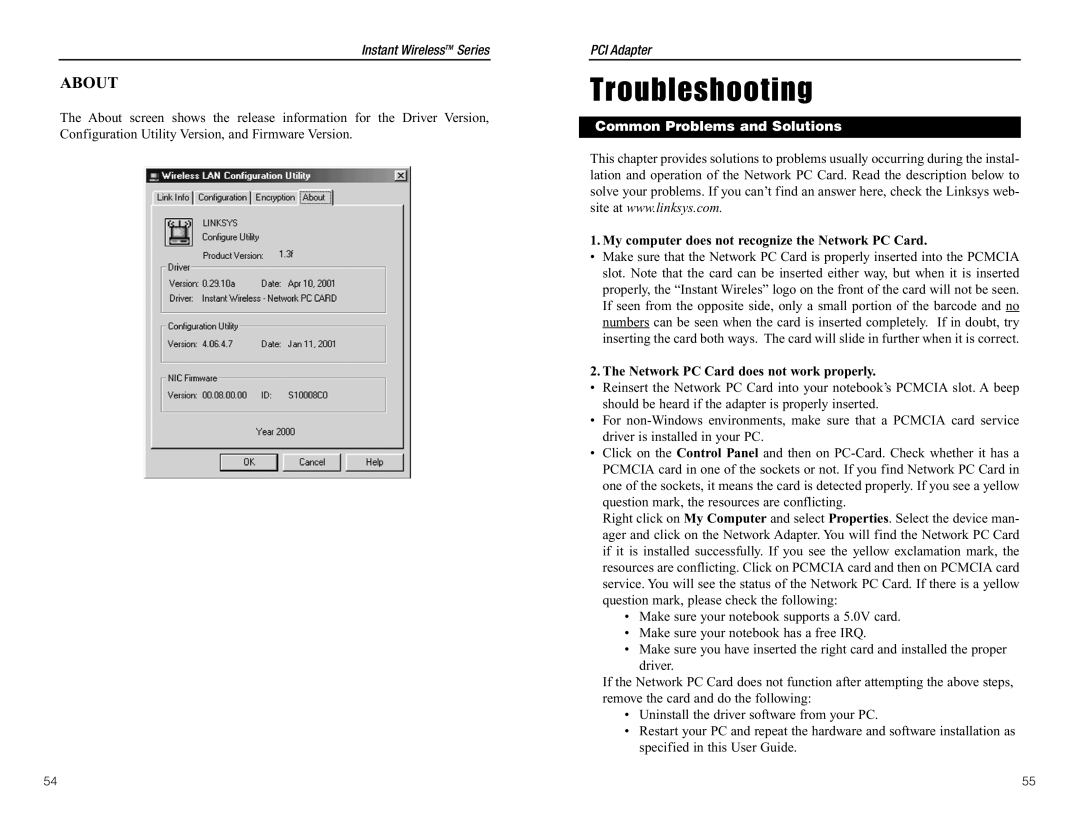 Linksys WDT11 manual Troubleshooting, Common Problems and Solutions, My computer does not recognize the Network PC Card 