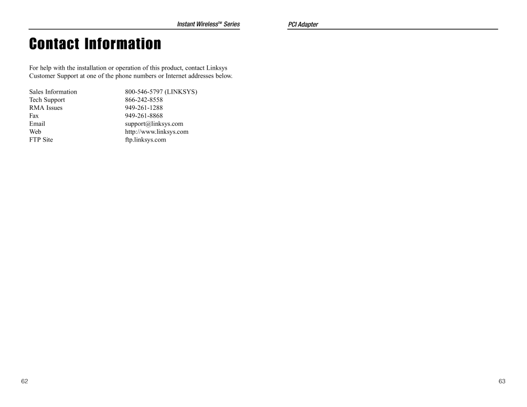 Linksys WDT11 manual Contact Information 