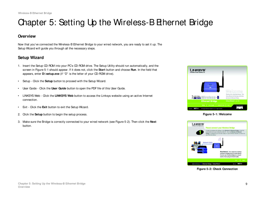 Linksys WET11 manual Setting Up the Wireless-B Ethernet Bridge, Overview, Setup Wizard 