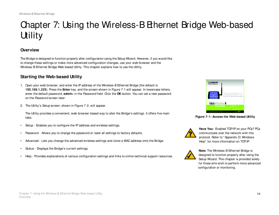 Linksys WET11 manual Using the Wireless-B Ethernet Bridge Web-based Utility, Starting the Web-based Utility 