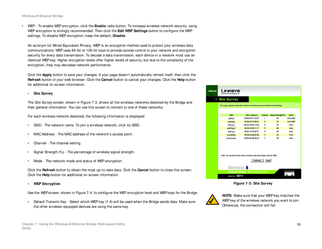 Linksys WET11 manual Site Survey 