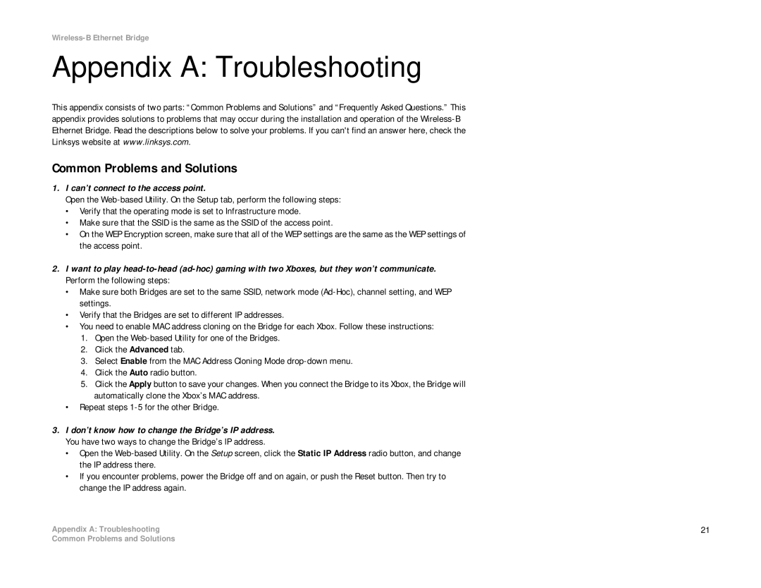 Linksys WET11 manual Appendix a Troubleshooting, Common Problems and Solutions 