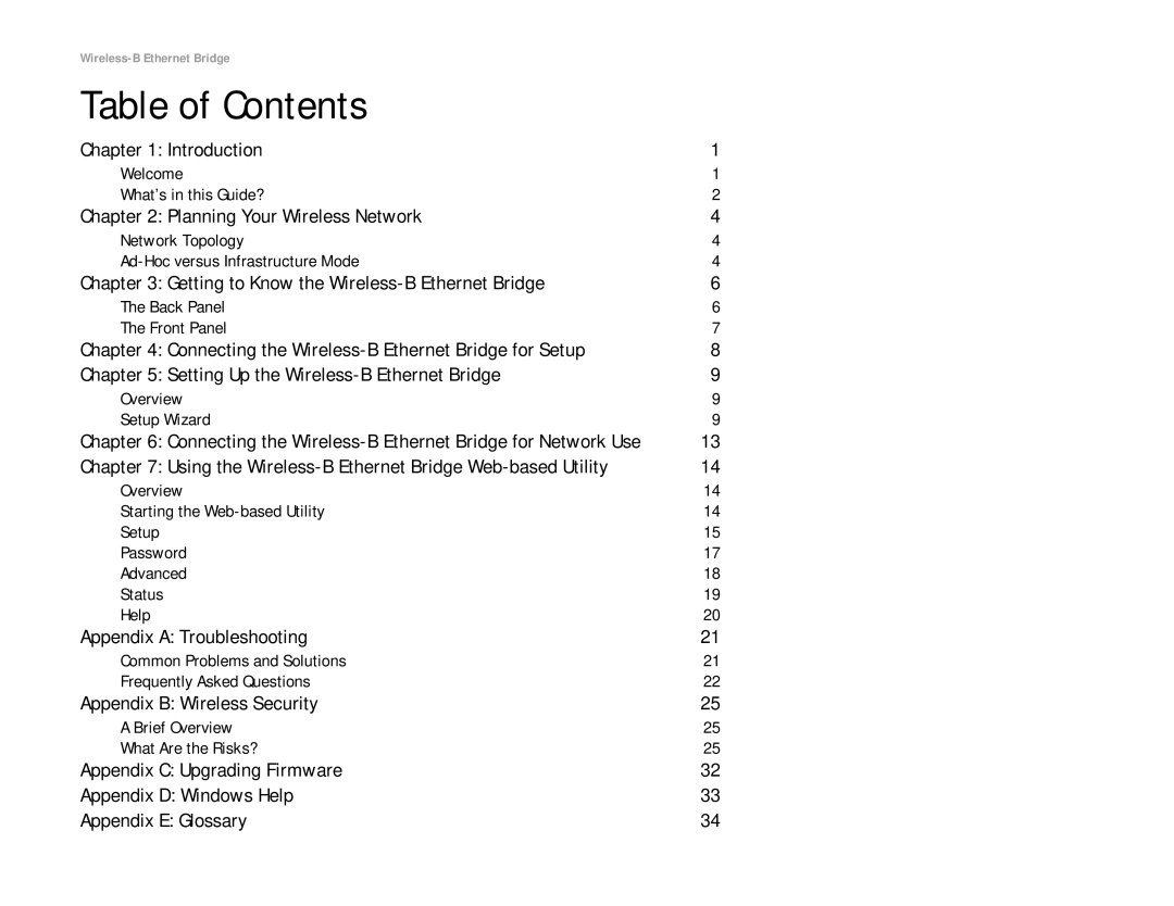 Linksys WET11 manual Table of Contents 