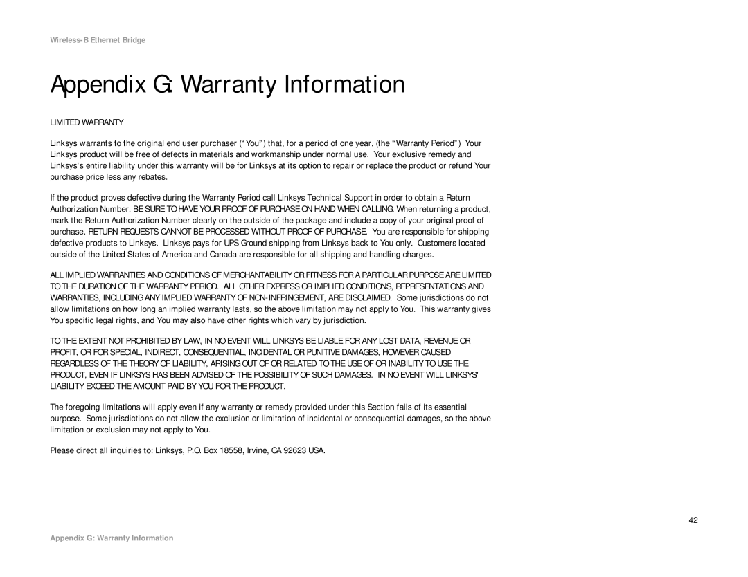 Linksys WET11 manual Appendix G Warranty Information, Limited Warranty 