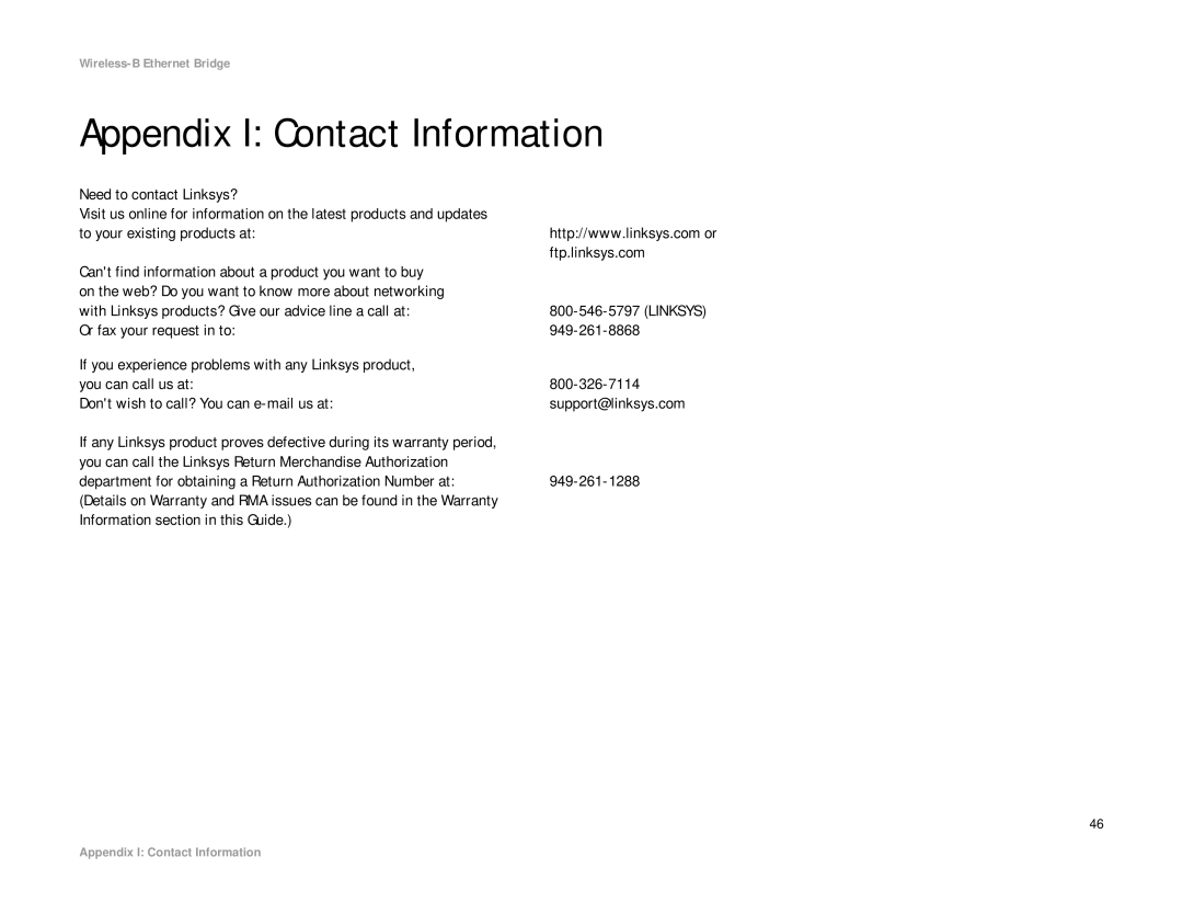 Linksys WET11 manual Appendix I Contact Information 