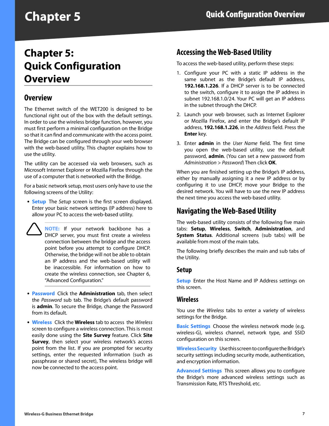 Linksys WET200 Chapter Quick Configuration Overview, Accessing the Web-Based Utility, Navigating the Web-Based Utility 