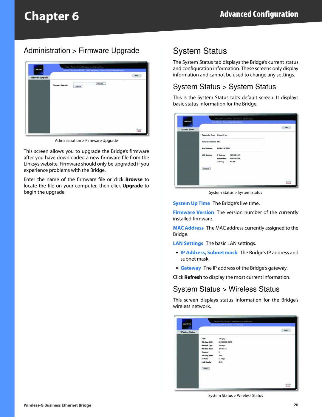 Linksys WET200 manual Administration Firmware Upgrade, System Status System Status, System Status Wireless Status 