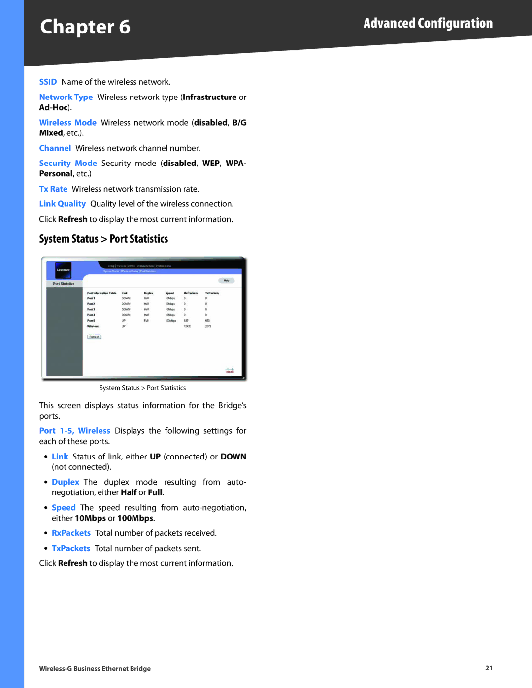 Linksys WET200 manual System Status Port Statistics, Ad-Hoc, Personal, etc 