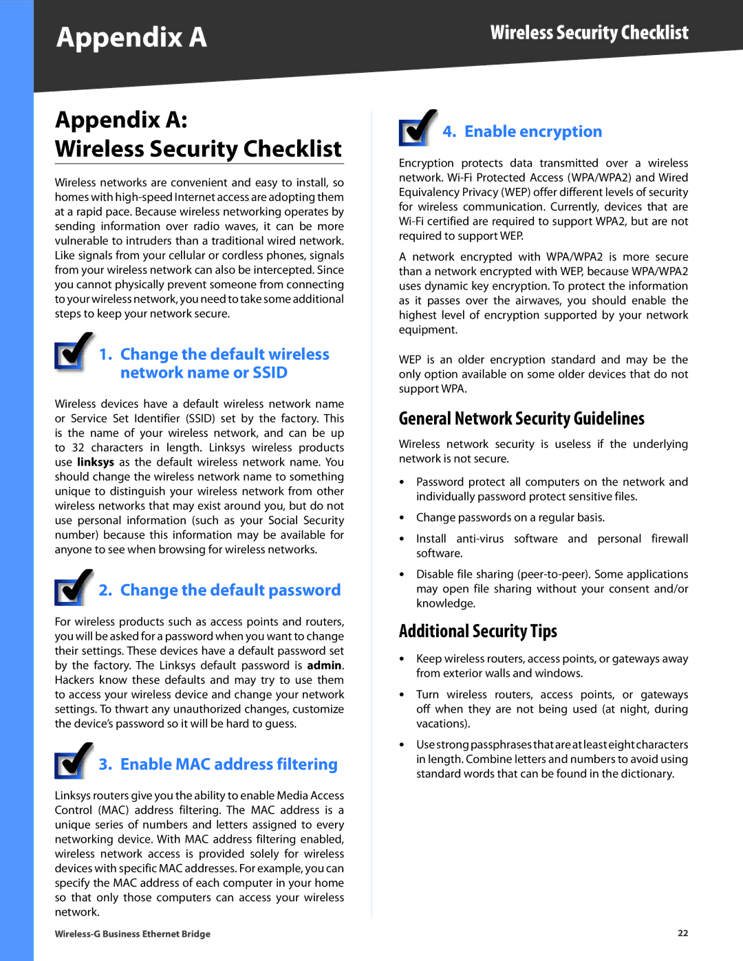 Linksys WET200 Appendix a Wireless Security Checklist, General Network Security Guidelines, Additional Security Tips 