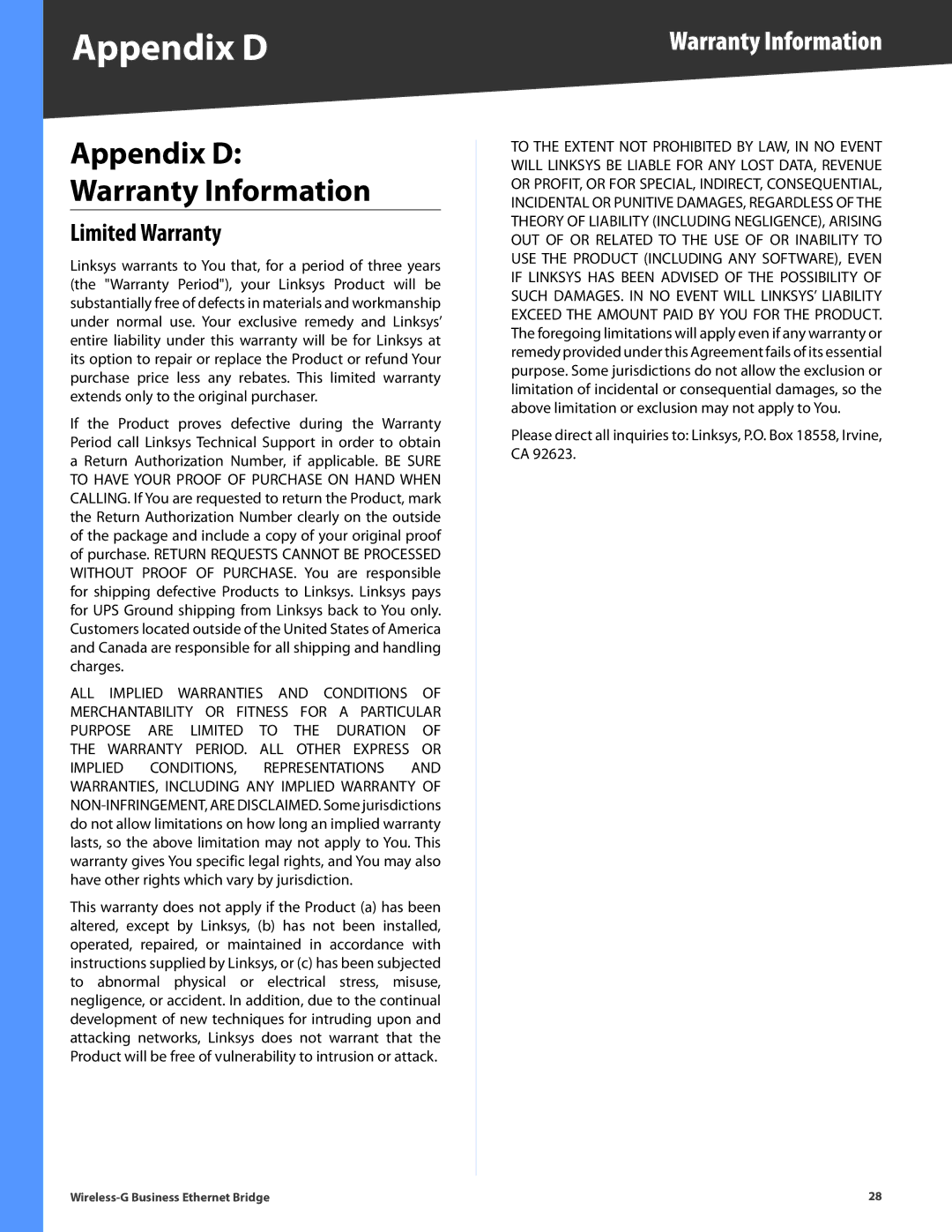 Linksys WET200 manual Appendix D, Warranty Information, Limited Warranty 