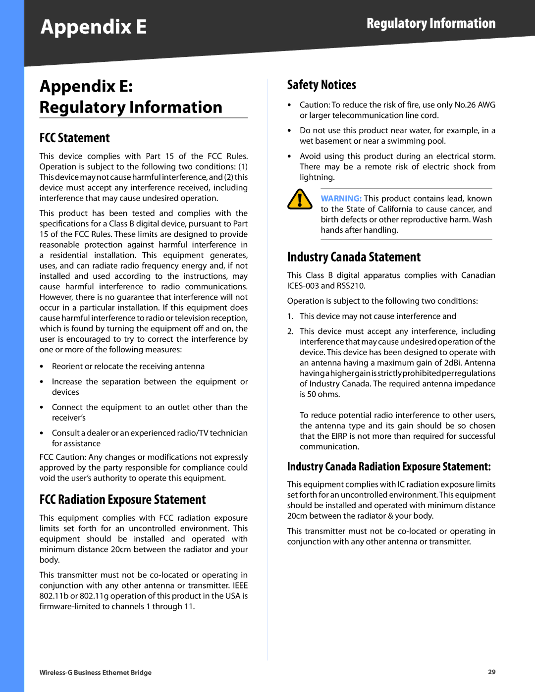 Linksys WET200 manual Appendix E, Regulatory Information 