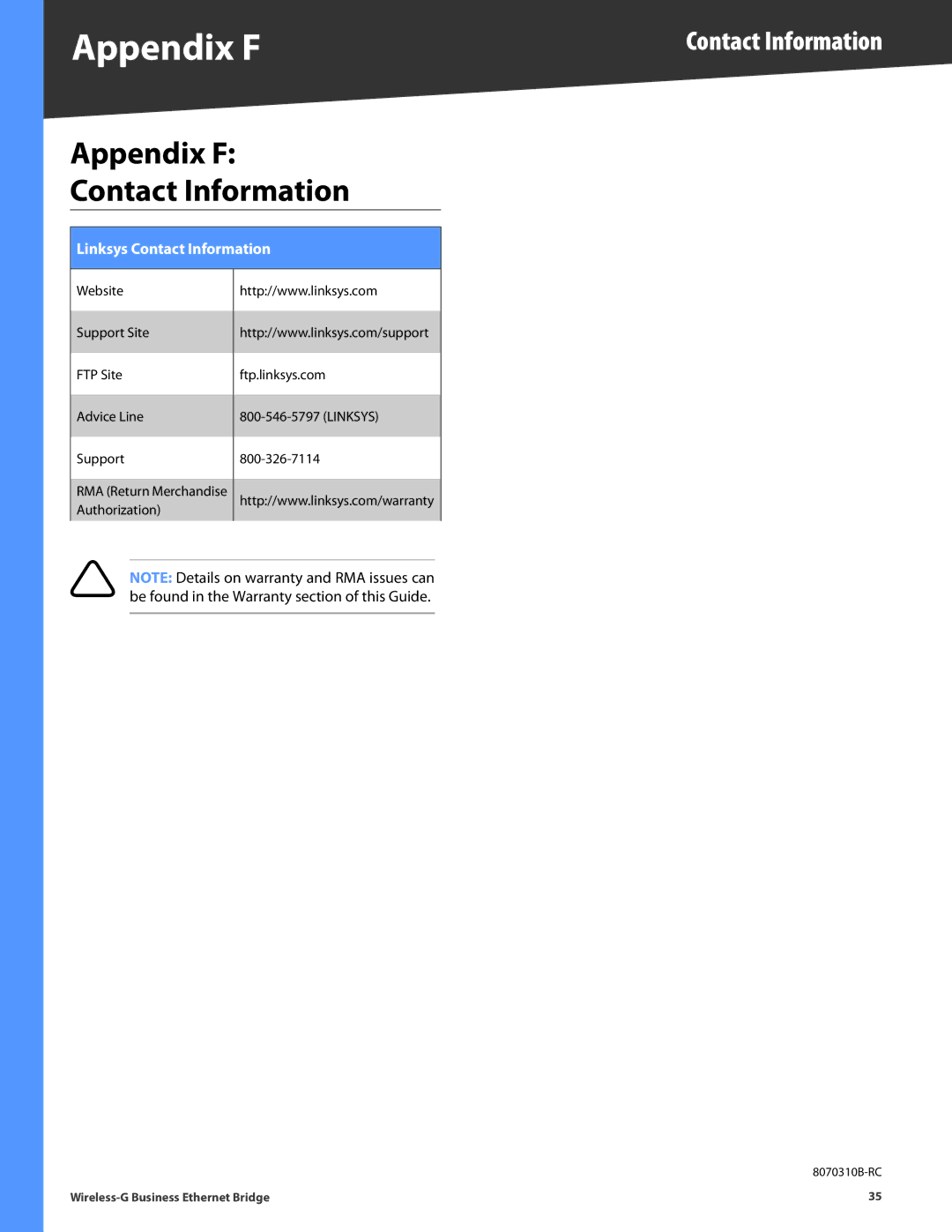 Linksys WET200 manual Appendix F, Contact Information 