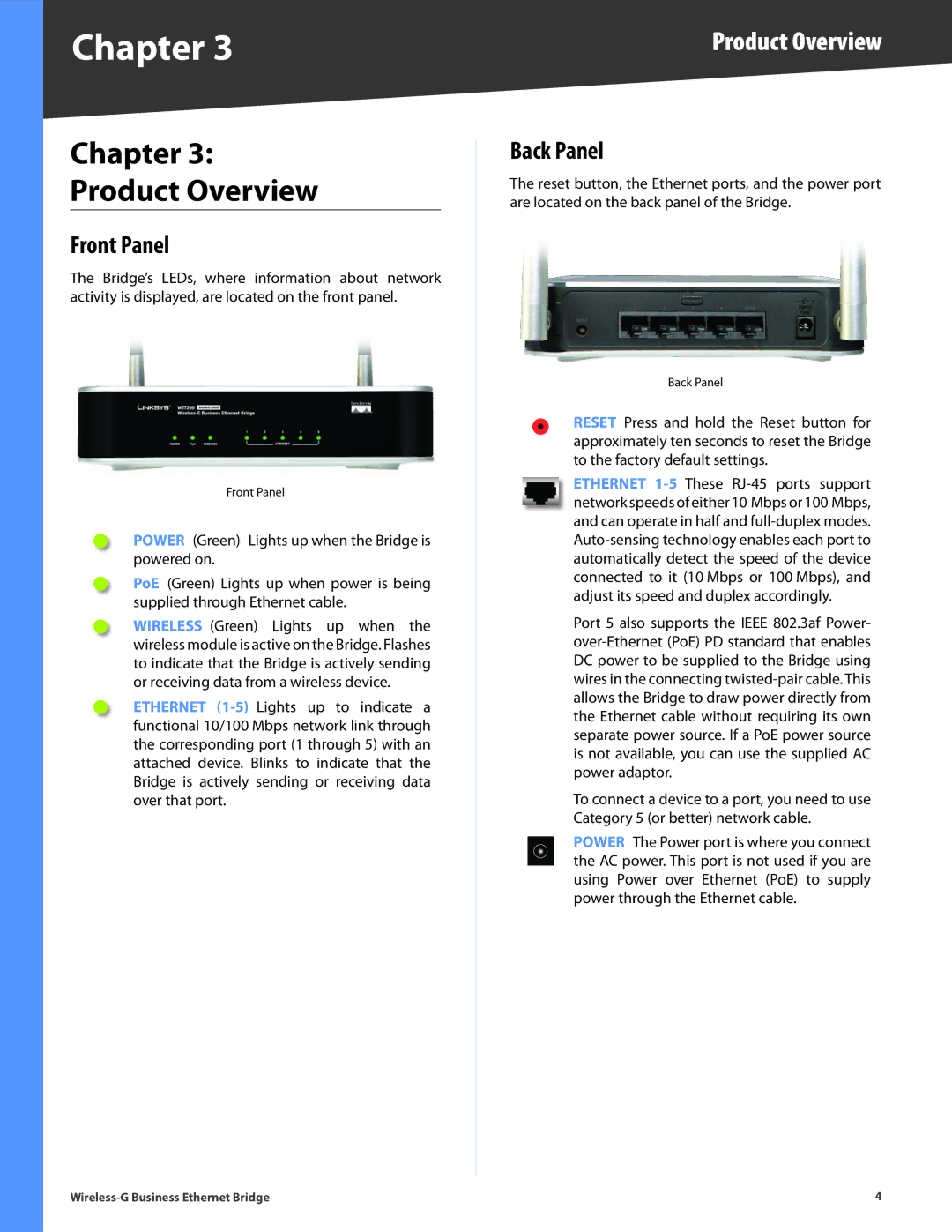 Linksys WET200 manual Chapter Product Overview, Front Panel, Back Panel 