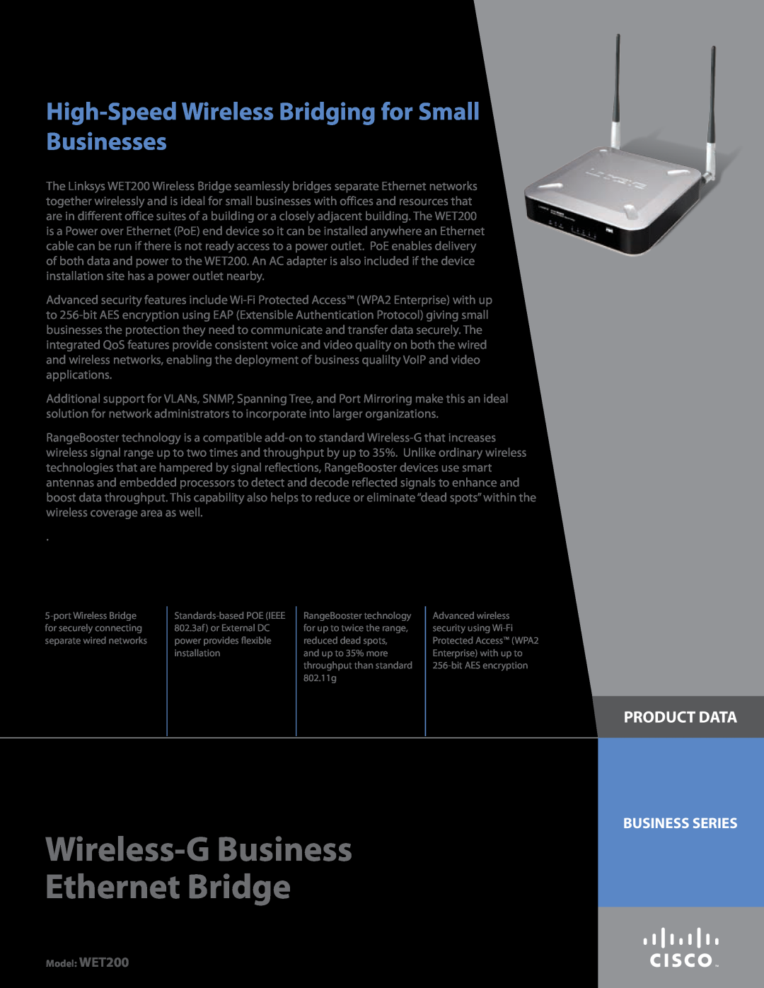 Linksys WET200 manual Product Data, Business Series, Wireless-G Business Ethernet Bridge 