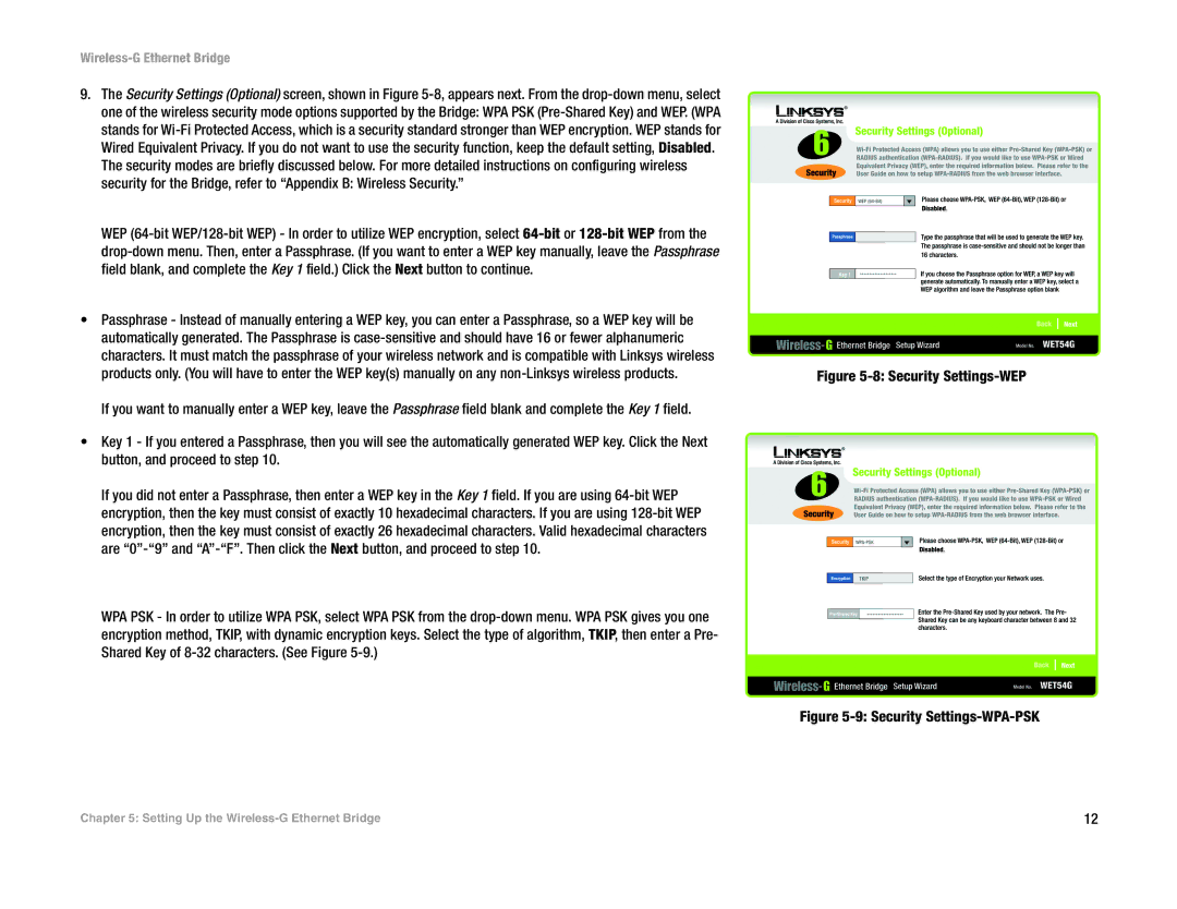 Linksys WET54G V3 manual Security Settings-WEP 