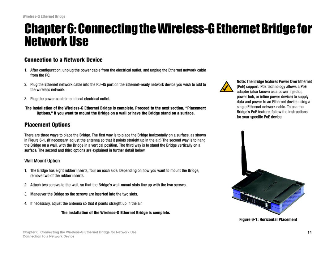 Linksys WET54G V3 manual Connecting the Wireless-G Ethernet Bridge for Network Use, Connection to a Network Device 