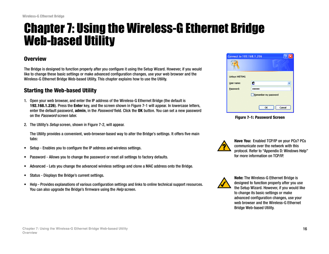 Linksys WET54G V3 manual Using the Wireless-G Ethernet Bridge Web-based Utility, Overview, Starting the Web-based Utility 