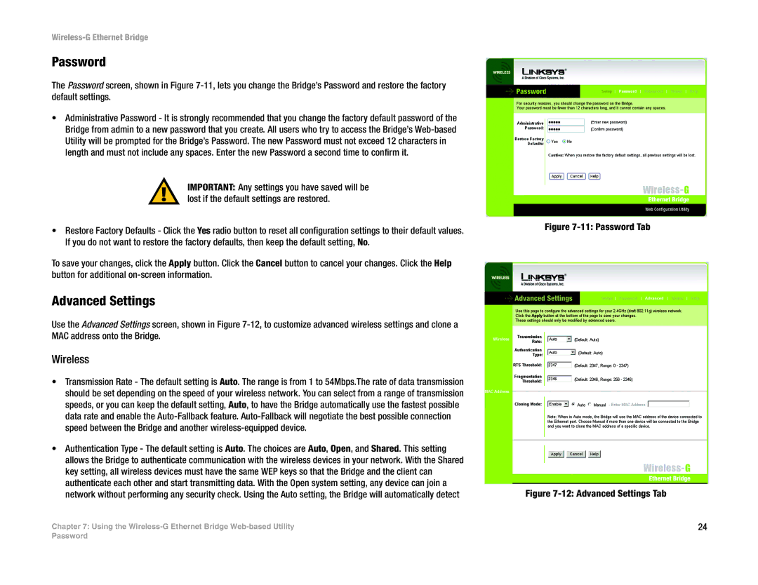 Linksys WET54G V3 manual Advanced Settings, Password Tab 