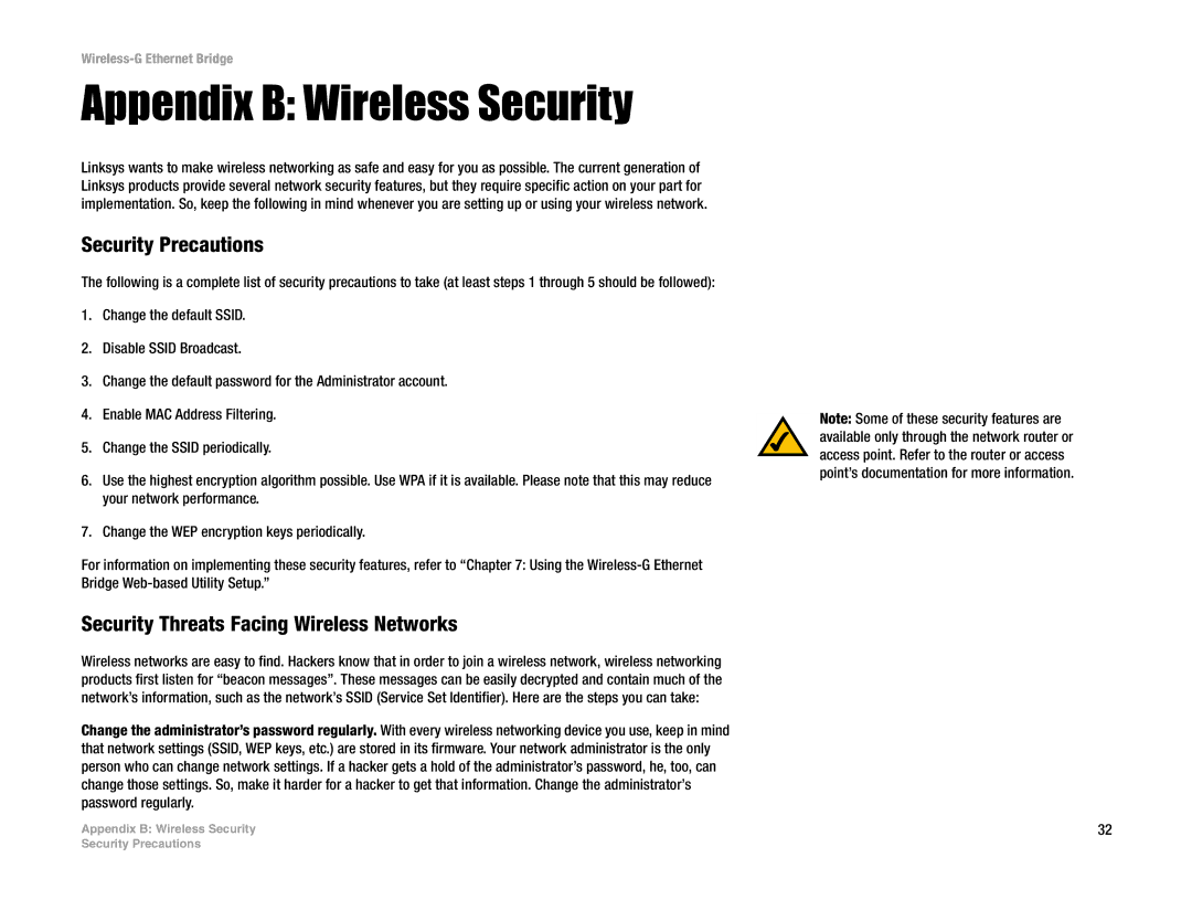 Linksys WET54G V3 manual Appendix B Wireless Security, Security Precautions, Security Threats Facing Wireless Networks 