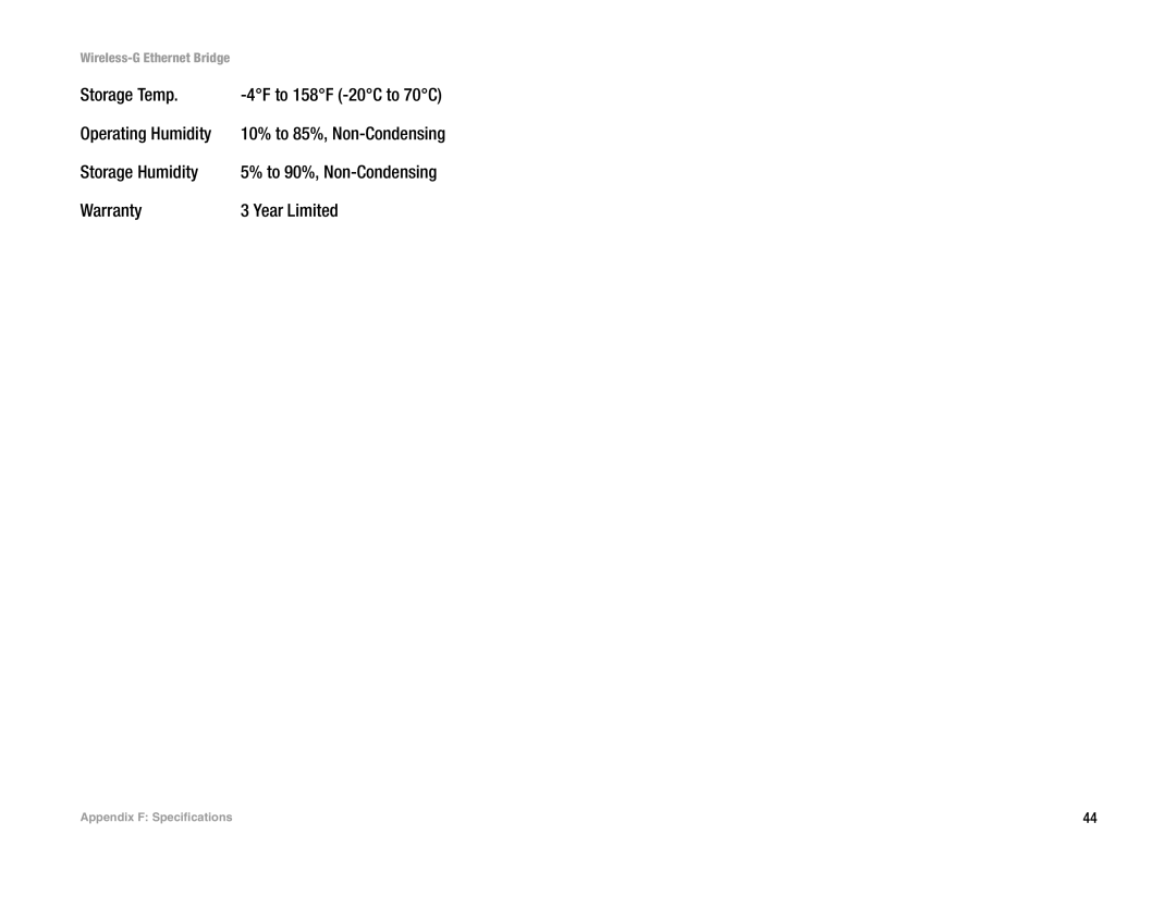 Linksys WET54G V3 manual Storage Temp, Operating Humidity, Storage Humidity, Warranty Year Limited 