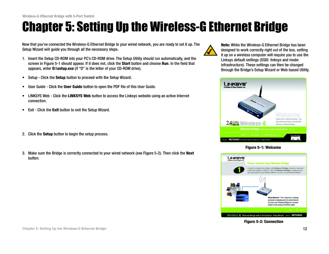 Linksys WET54GS5 manual Setting Up the Wireless-G Ethernet Bridge, Welcome 