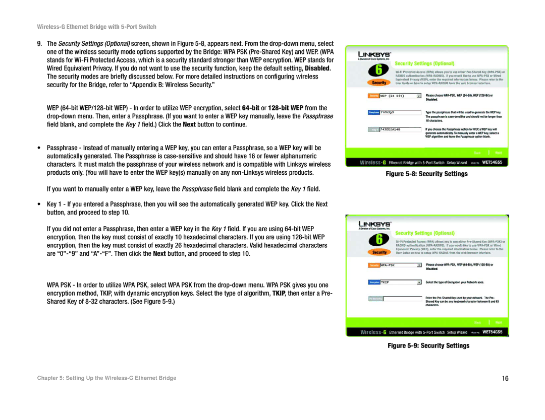 Linksys WET54GS5 manual Security Settings 