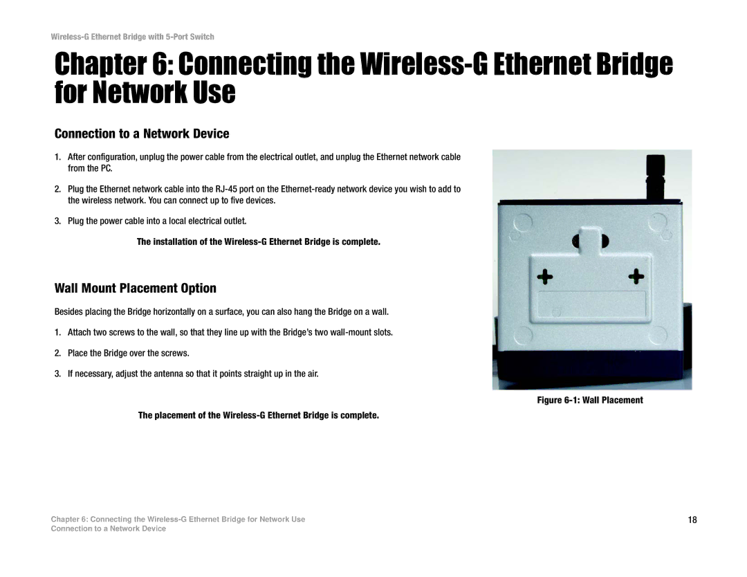 Linksys WET54GS5 manual Connecting the Wireless-G Ethernet Bridge for Network Use, Connection to a Network Device 