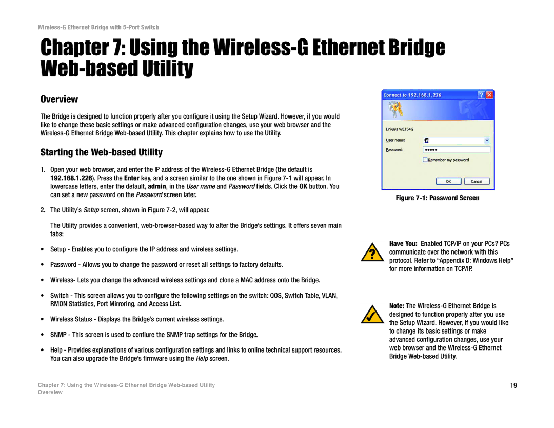 Linksys WET54GS5 manual Using the Wireless-G Ethernet Bridge Web-based Utility, Overview, Starting the Web-based Utility 