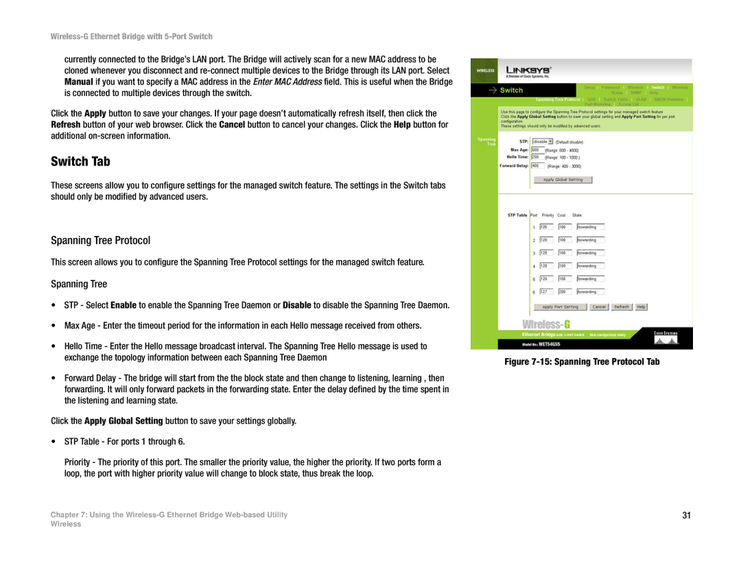 Linksys WET54GS5 manual Switch Tab, Spanning Tree Protocol 