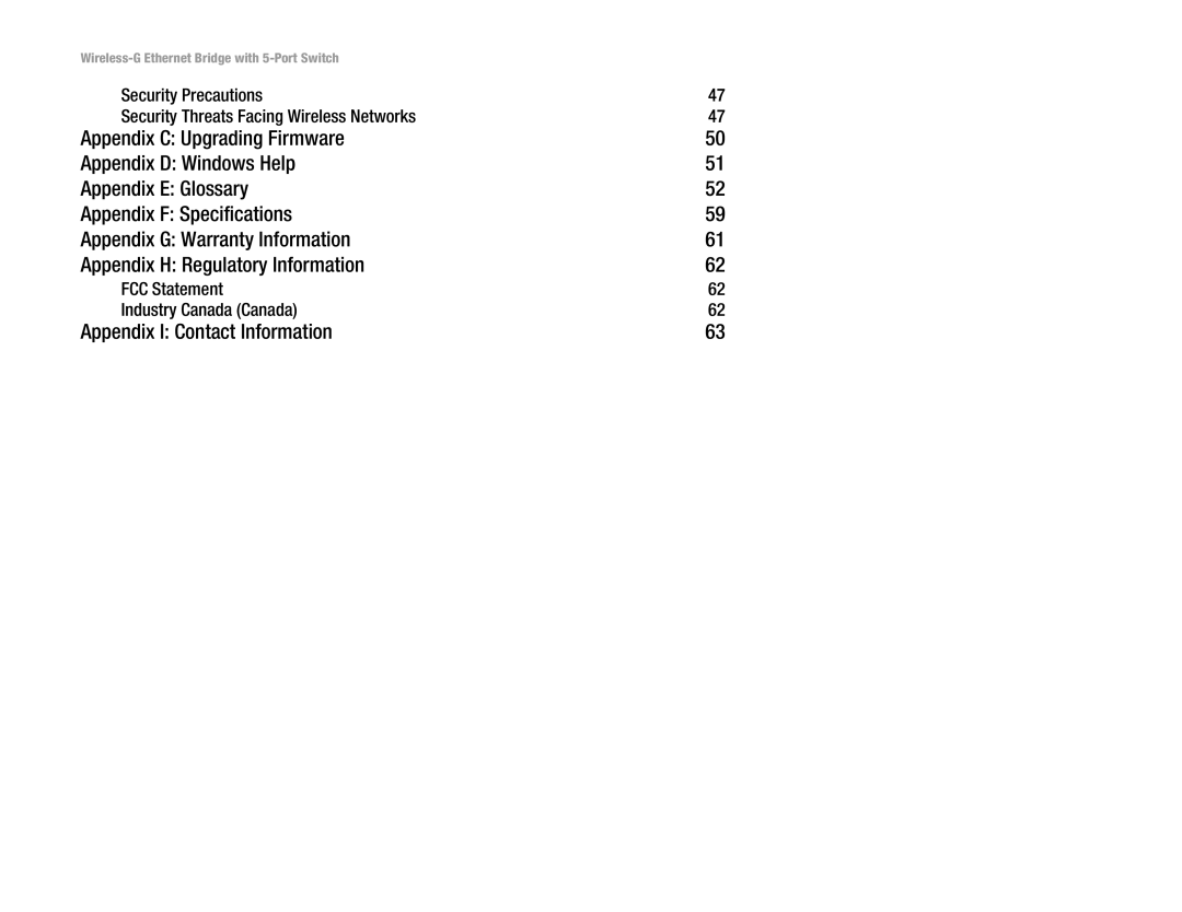 Linksys WET54GS5 manual Appendix I Contact Information, FCC Statement Industry Canada Canada 