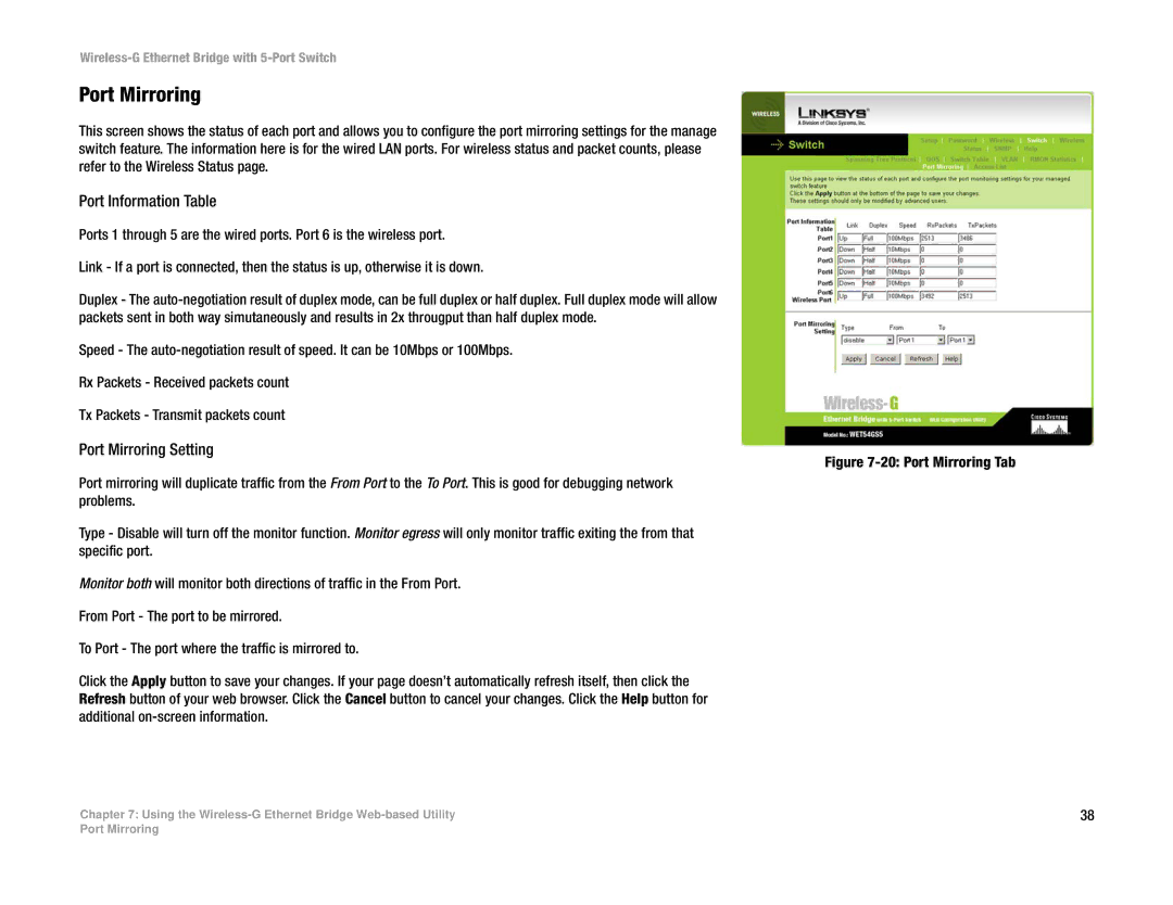 Linksys WET54GS5 manual Port Mirroring, Port Information Table 