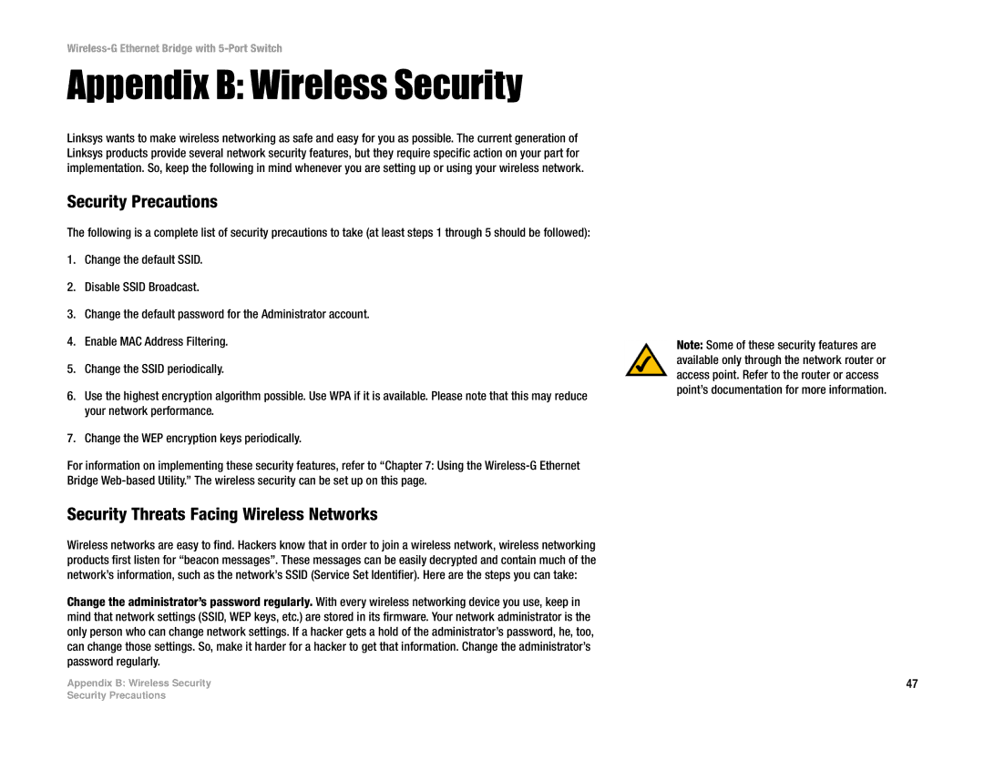 Linksys WET54GS5 manual Appendix B Wireless Security, Security Precautions, Security Threats Facing Wireless Networks 