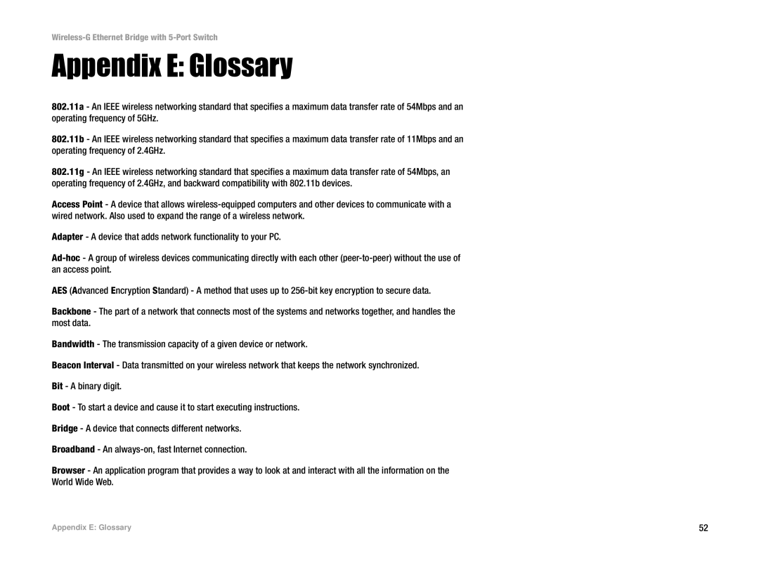 Linksys WET54GS5 manual Appendix E Glossary 