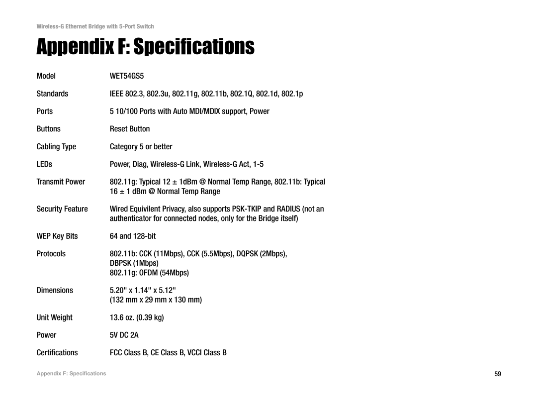 Linksys WET54GS5 manual Appendix F Specifications, Model, Standards, 16 ± 1 dBm @ Normal Temp Range, Security Feature 