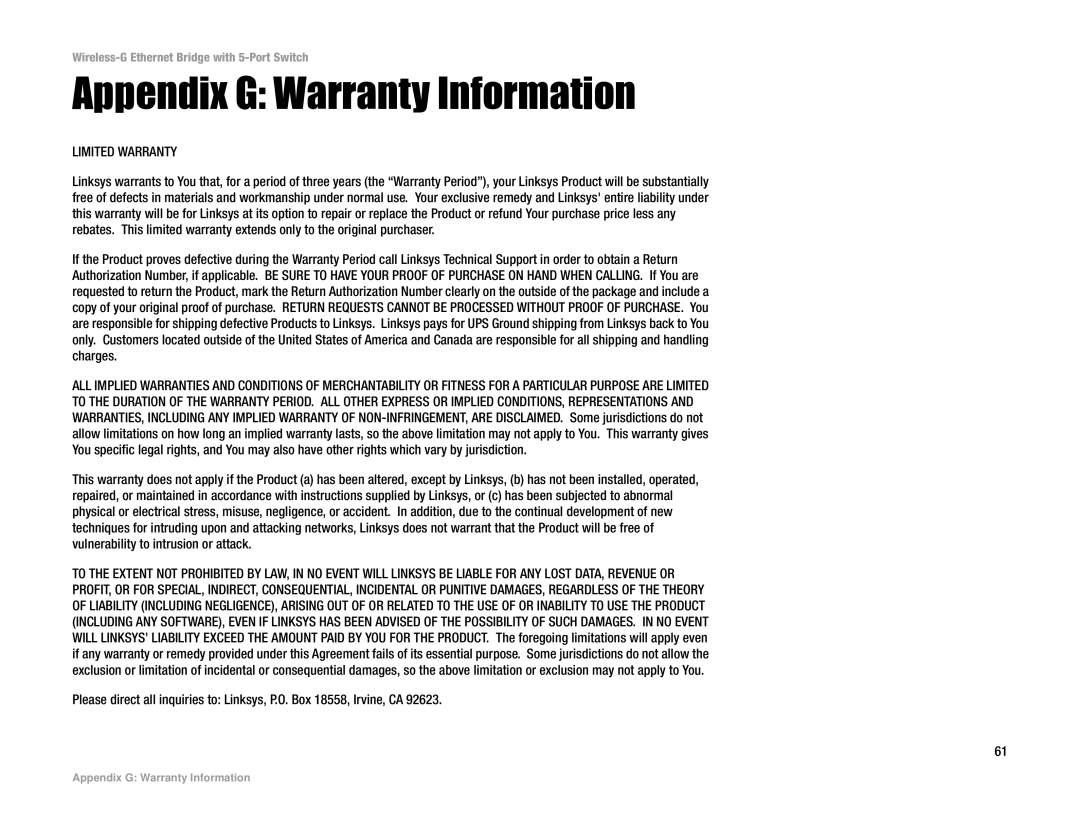 Linksys WET54GS5 manual Appendix G Warranty Information, Limited Warranty 