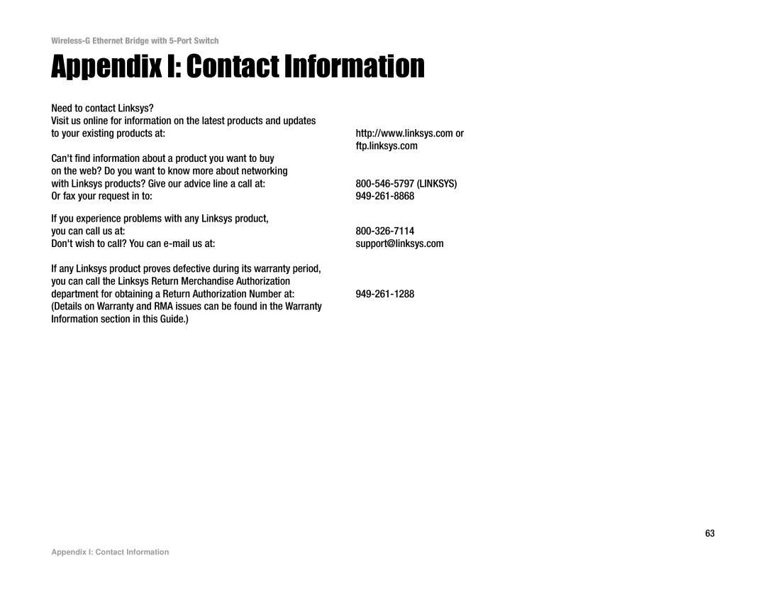 Linksys WET54GS5 manual Appendix I Contact Information 