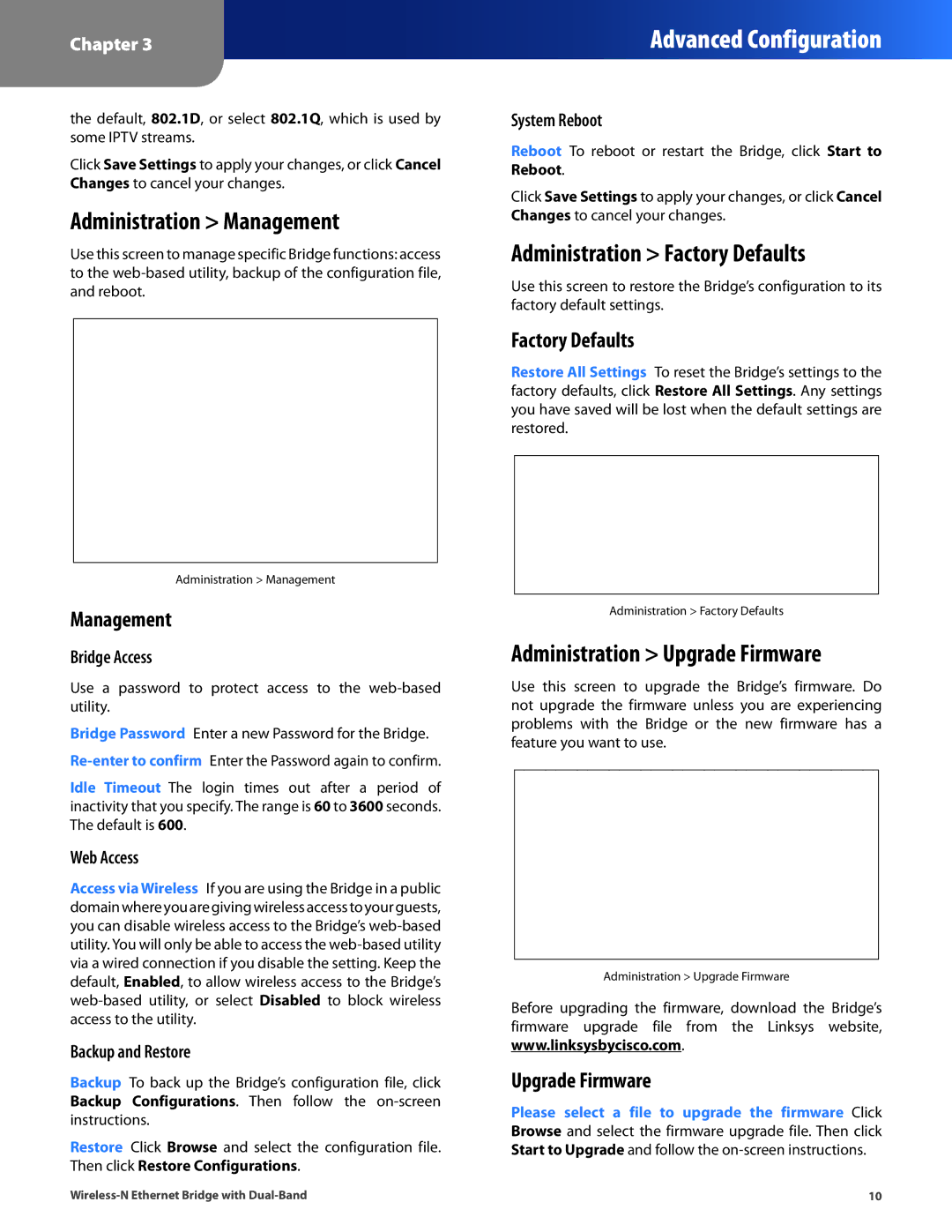 Linksys WET610N manual Administration Management, Administration Factory Defaults, Administration Upgrade Firmware 