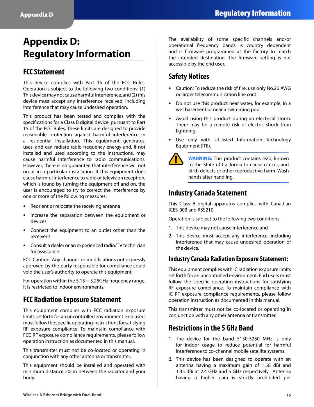 Linksys WET610N manual FCC Statement, FCC Radiation Exposure Statement, Safety Notices, Industry Canada Statement 