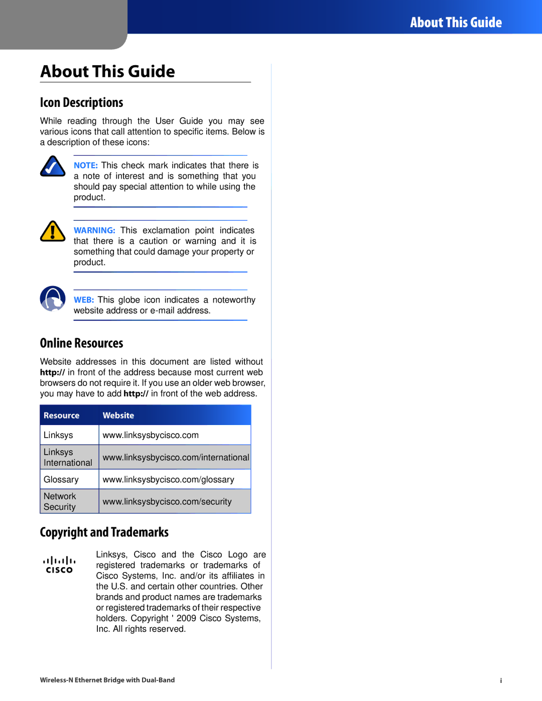 Linksys WET610N manual About This Guide, Icon Descriptions, Online Resources, Copyright and Trademarks 