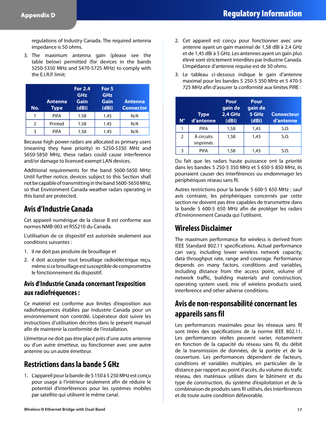 Linksys WET610N manual Avis d’Industrie Canada, Restrictions dans la bande 5 GHz, Wireless Disclaimer 